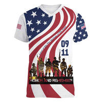 911 Memorial Women V-Neck T-Shirt Patriot Day American Flag and Soldier Silhouette Honor and Remember - Wonder Print Shop