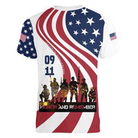 911 Memorial Women V-Neck T-Shirt Patriot Day American Flag and Soldier Silhouette Honor and Remember - Wonder Print Shop