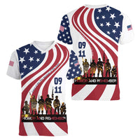 911 Memorial Women V-Neck T-Shirt Patriot Day American Flag and Soldier Silhouette Honor and Remember - Wonder Print Shop