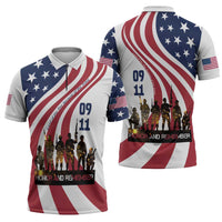 911 Memorial Zipper Polo Shirt Patriot Day American Flag and Soldier Silhouette Honor and Remember - Wonder Print Shop