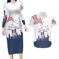 Patriot Day 911 Memorial Couples Matching Long Sleeve Bodycon Dress and Hawaiian Shirt American Flag and New York City Skyline Design - Wonder Print Shop
