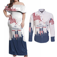 Patriot Day 911 Memorial Couples Matching Off Shoulder Maxi Dress and Long Sleeve Button Shirt American Flag and New York City Skyline Design - Wonder Print Shop
