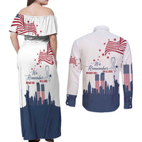 Patriot Day 911 Memorial Couples Matching Off Shoulder Maxi Dress and Long Sleeve Button Shirt American Flag and New York City Skyline Design - Wonder Print Shop