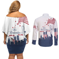 Patriot Day 911 Memorial Couples Matching Off Shoulder Short Dress and Long Sleeve Button Shirt American Flag and New York City Skyline Design - Wonder Print Shop