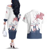 Patriot Day 911 Memorial Couples Matching Off The Shoulder Long Sleeve Dress and Hawaiian Shirt American Flag and New York City Skyline Design - Wonder Print Shop
