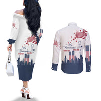 Patriot Day 911 Memorial Couples Matching Off The Shoulder Long Sleeve Dress and Long Sleeve Button Shirt American Flag and New York City Skyline Design - Wonder Print Shop