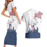 Patriot Day 911 Memorial Couples Matching Short Sleeve Bodycon Dress and Hawaiian Shirt American Flag and New York City Skyline Design - Wonder Print Shop