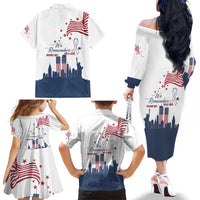 Patriot Day 911 Memorial Family Matching Off The Shoulder Long Sleeve Dress and Hawaiian Shirt American Flag and New York City Skyline Design - Wonder Print Shop