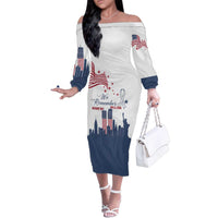 Patriot Day 911 Memorial Family Matching Off The Shoulder Long Sleeve Dress and Hawaiian Shirt American Flag and New York City Skyline Design - Wonder Print Shop