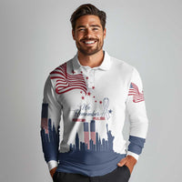 Patriot Day 911 Memorial Long Sleeve Polo Shirt American Flag and New York City Skyline Design - Wonder Print Shop
