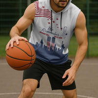 Patriot Day 911 Memorial Sleeveless Hoodie American Flag and New York City Skyline Design - Wonder Print Shop