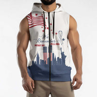 Patriot Day 911 Memorial Sleeveless Zip Hoodie American Flag and New York City Skyline Design - Wonder Print Shop