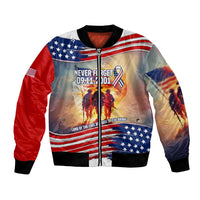 911 Memorial Patriot Day Bomber Jacket American Flag and Soldier Tribute Never Forget - Wonder Print Shop