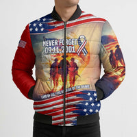 911 Memorial Patriot Day Bomber Puffer Jacket American Flag and Soldier Tribute Never Forget - Wonder Print Shop