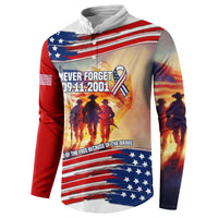 911 Memorial Patriot Day Button Sweatshirt American Flag and Soldier Tribute Never Forget - Wonder Print Shop