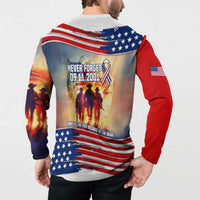 911 Memorial Patriot Day Button Sweatshirt American Flag and Soldier Tribute Never Forget - Wonder Print Shop