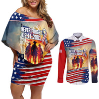 911 Memorial Patriot Day Couples Matching Off Shoulder Short Dress and Long Sleeve Button Shirt American Flag and Soldier Tribute Never Forget - Wonder Print Shop