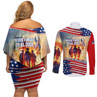 911 Memorial Patriot Day Couples Matching Off Shoulder Short Dress and Long Sleeve Button Shirt American Flag and Soldier Tribute Never Forget - Wonder Print Shop