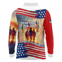 911 Memorial Patriot Day Long Sleeve Polo Shirt American Flag and Soldier Tribute Never Forget - Wonder Print Shop