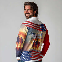 911 Memorial Patriot Day Long Sleeve Polo Shirt American Flag and Soldier Tribute Never Forget - Wonder Print Shop