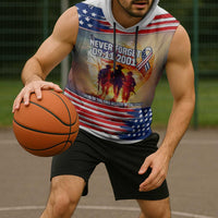 911 Memorial Patriot Day Sleeveless Hoodie American Flag and Soldier Tribute Never Forget - Wonder Print Shop