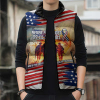 911 Memorial Patriot Day Sleeveless Puffer Jacket American Flag and Soldier Tribute Never Forget - Wonder Print Shop
