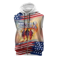 911 Memorial Patriot Day Sleeveless Zip Hoodie American Flag and Soldier Tribute Never Forget - Wonder Print Shop