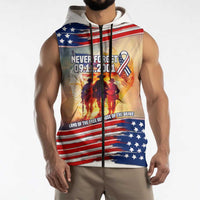 911 Memorial Patriot Day Sleeveless Zip Hoodie American Flag and Soldier Tribute Never Forget - Wonder Print Shop