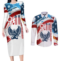 Patriot Day 911 Memorial Couples Matching Long Sleeve Bodycon Dress and Long Sleeve Button Shirt American Flag and Angel Soldier Honor and Remember - Wonder Print Shop