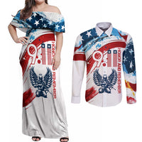 Patriot Day 911 Memorial Couples Matching Off Shoulder Maxi Dress and Long Sleeve Button Shirt American Flag and Angel Soldier Honor and Remember - Wonder Print Shop