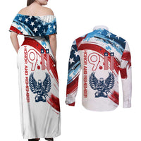 Patriot Day 911 Memorial Couples Matching Off Shoulder Maxi Dress and Long Sleeve Button Shirt American Flag and Angel Soldier Honor and Remember - Wonder Print Shop