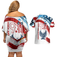Patriot Day 911 Memorial Couples Matching Off Shoulder Short Dress and Hawaiian Shirt American Flag and Angel Soldier Honor and Remember - Wonder Print Shop
