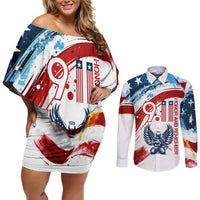 Patriot Day 911 Memorial Couples Matching Off Shoulder Short Dress and Long Sleeve Button Shirt American Flag and Angel Soldier Honor and Remember - Wonder Print Shop