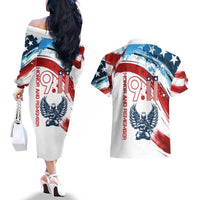 Patriot Day 911 Memorial Couples Matching Off The Shoulder Long Sleeve Dress and Hawaiian Shirt American Flag and Angel Soldier Honor and Remember - Wonder Print Shop