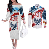 Patriot Day 911 Memorial Couples Matching Off The Shoulder Long Sleeve Dress and Long Sleeve Button Shirt American Flag and Angel Soldier Honor and Remember - Wonder Print Shop