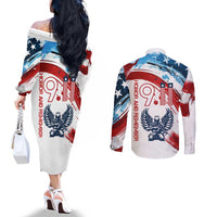 Patriot Day 911 Memorial Couples Matching Off The Shoulder Long Sleeve Dress and Long Sleeve Button Shirt American Flag and Angel Soldier Honor and Remember - Wonder Print Shop