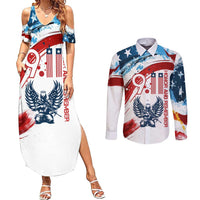Patriot Day 911 Memorial Couples Matching Summer Maxi Dress and Long Sleeve Button Shirt American Flag and Angel Soldier Honor and Remember - Wonder Print Shop