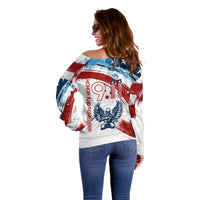Patriot Day 911 Memorial Off Shoulder Sweater American Flag and Angel Soldier Honor and Remember - Wonder Print Shop