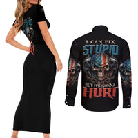 I Can Fix Stupid But It's Gonna Hurt Couples Matching Short Sleeve Bodycon Dress and Long Sleeve Button Shirt - Wonder Print Shop