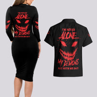 I'm Never Alone My Demon Are With Me Couples Matching Long Sleeve Bodycon Dress and Hawaiian Shirt - Wonder Print Shop