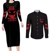 I'm Never Alone My Demon Are With Me Couples Matching Long Sleeve Bodycon Dress and Long Sleeve Button Shirt - Wonder Print Shop