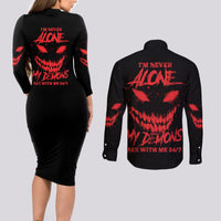 I'm Never Alone My Demon Are With Me Couples Matching Long Sleeve Bodycon Dress and Long Sleeve Button Shirt - Wonder Print Shop