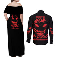 I'm Never Alone My Demon Are With Me Couples Matching Off Shoulder Maxi Dress and Long Sleeve Button Shirt - Wonder Print Shop