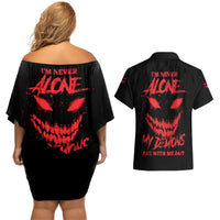 I'm Never Alone My Demon Are With Me Couples Matching Off Shoulder Short Dress and Hawaiian Shirt - Wonder Print Shop