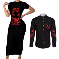 I'm Never Alone My Demon Are With Me Couples Matching Short Sleeve Bodycon Dress and Long Sleeve Button Shirt - Wonder Print Shop