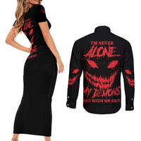 I'm Never Alone My Demon Are With Me Couples Matching Short Sleeve Bodycon Dress and Long Sleeve Button Shirt - Wonder Print Shop