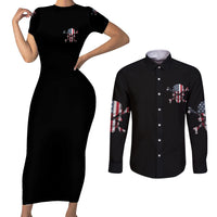 This Is America Patriotic Skull Couples Matching Short Sleeve Bodycon Dress and Long Sleeve Button Shirt - Wonder Print Shop
