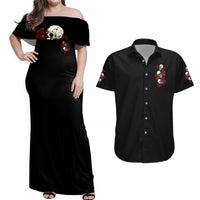 The Good Girl In Me 3 Skulls Rose Vintage Couples Matching Off Shoulder Maxi Dress and Hawaiian Shirt - Wonder Print Shop