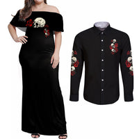 The Good Girl In Me 3 Skulls Rose Vintage Couples Matching Off Shoulder Maxi Dress and Long Sleeve Button Shirt - Wonder Print Shop