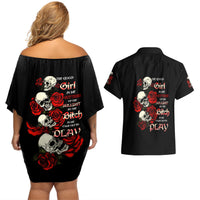 The Good Girl In Me 3 Skulls Rose Vintage Couples Matching Off Shoulder Short Dress and Hawaiian Shirt - Wonder Print Shop